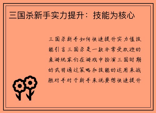 三国杀新手实力提升：技能为核心