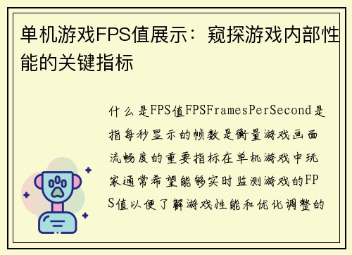 单机游戏FPS值展示：窥探游戏内部性能的关键指标